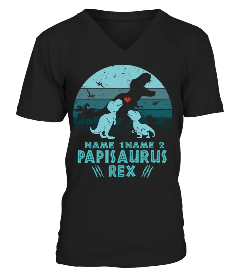 2 NAMES PAPASAURUS REX DINOSAUR DAD AND KID  DINOSAURE | CUSTOM NAME ES EDICIóN LIMITADA CAMISETA CUELLO EN V UNISEX