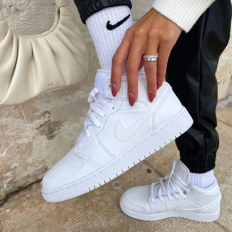 Air Jordan 1 Mid Triple White Patent Swoosh