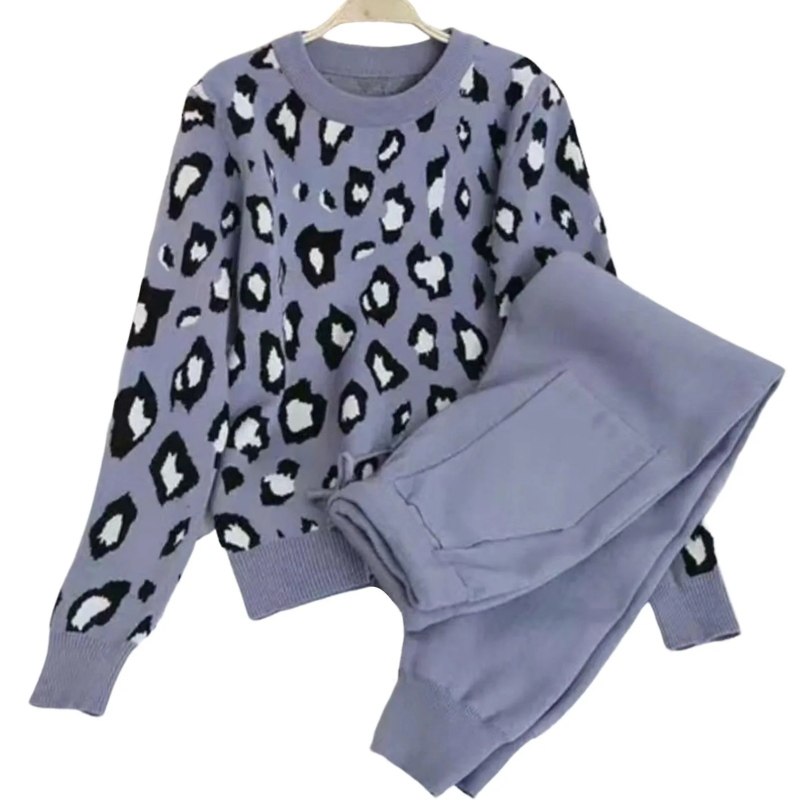 AUTUMN KNIT ONECK TOP PANTS SET WINTER ELEGANT OUTFIT WITH SEXY LEOPARD PRINTING FOR PARTY TRAVEL HOLIDAY VACATION