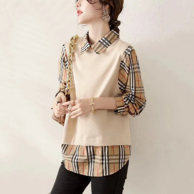 Blusas de diseñador para mujer Europa y América Moda falsa de dos piezas a cuadros Verano Nueva camiseta Tallas grandes Casual T