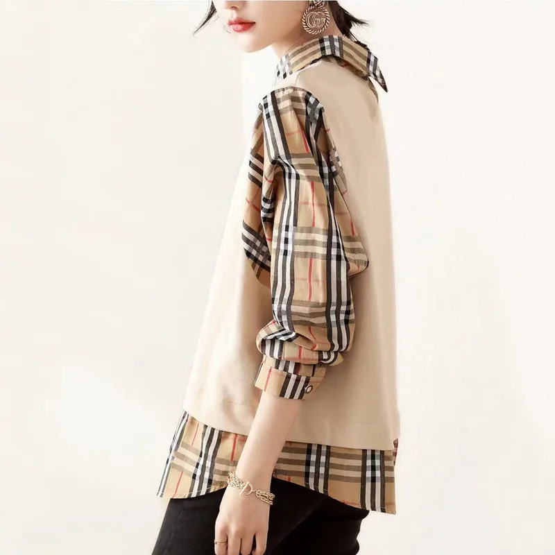 Blusas de diseñador para mujer Europa y América Moda falsa de dos piezas a cuadros Verano Nueva camiseta Tallas grandes Casual T