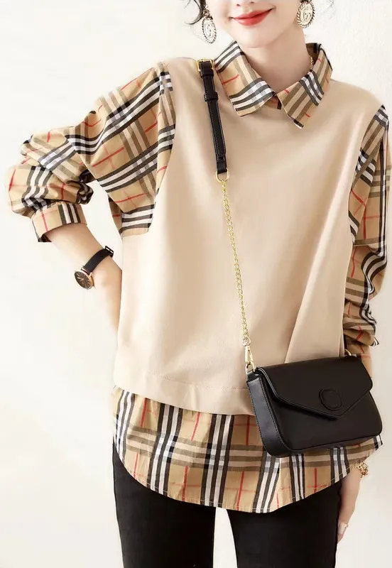 Blusas de diseñador para mujer Europa y América Moda falsa de dos piezas a cuadros Verano Nueva camiseta Tallas grandes Casual T