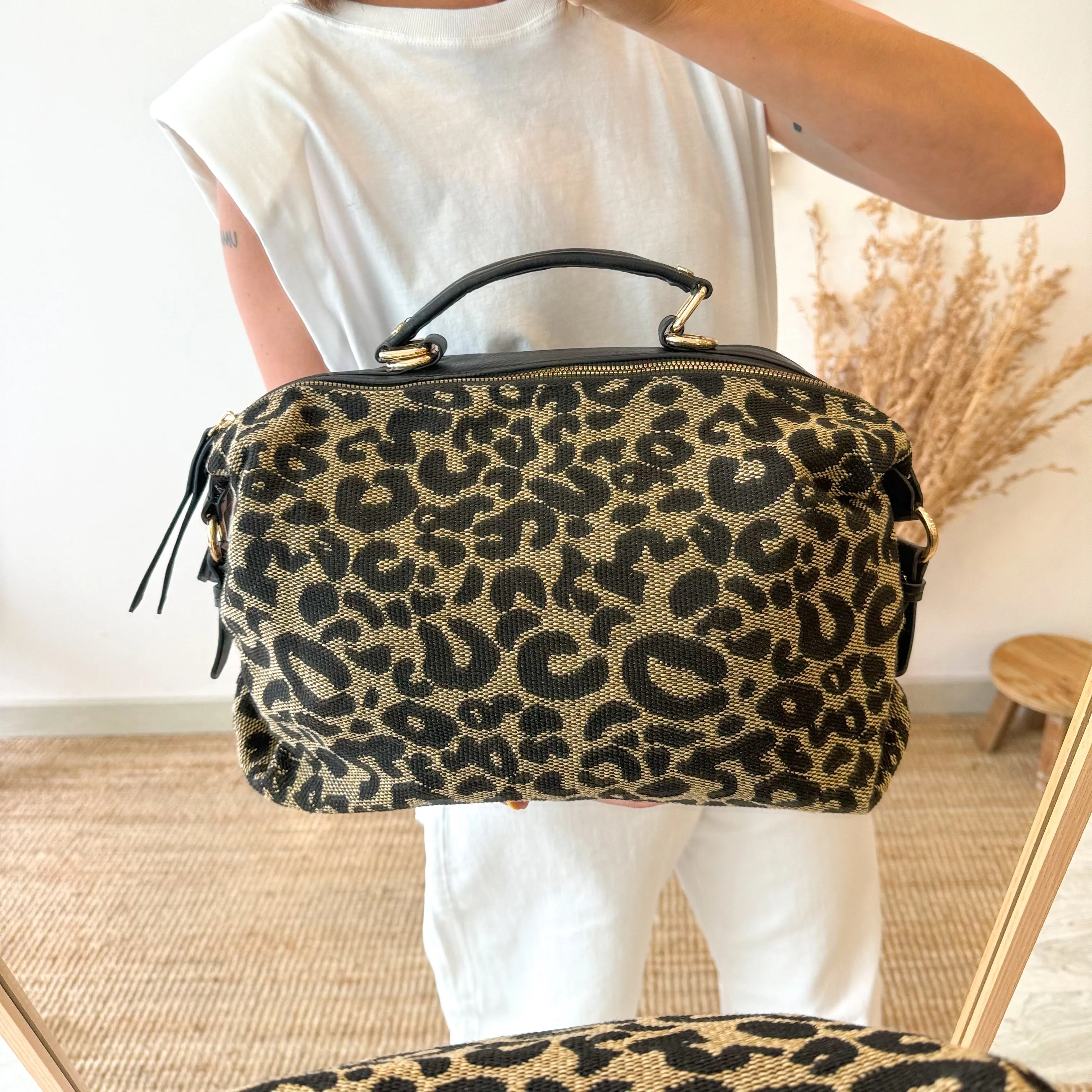 Bolso doble cremallera PU animal print negro