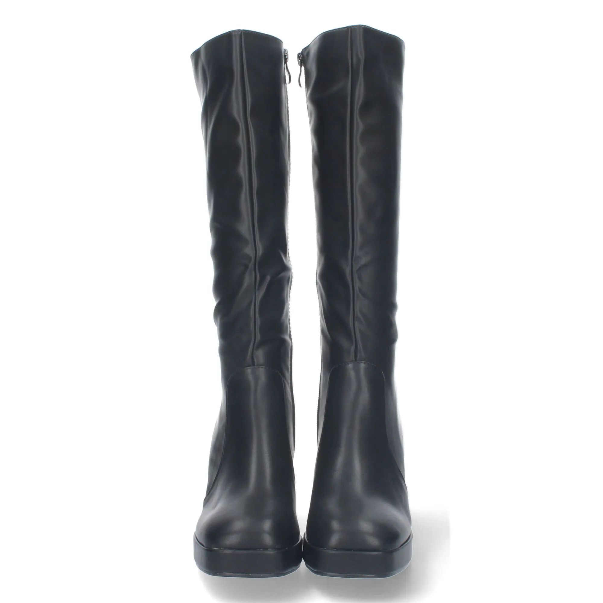Bota negra alta de tacon medio ancho y punta redonda para mujer