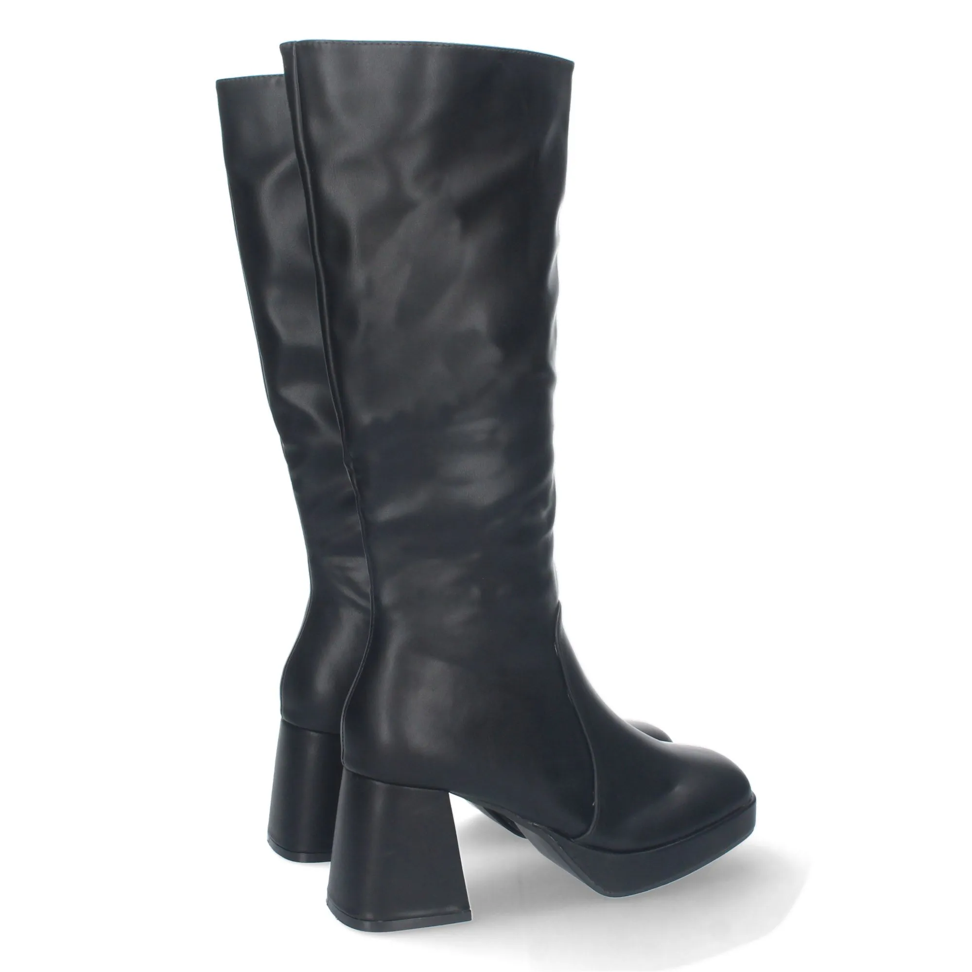 Bota negra alta de tacon medio ancho y punta redonda para mujer