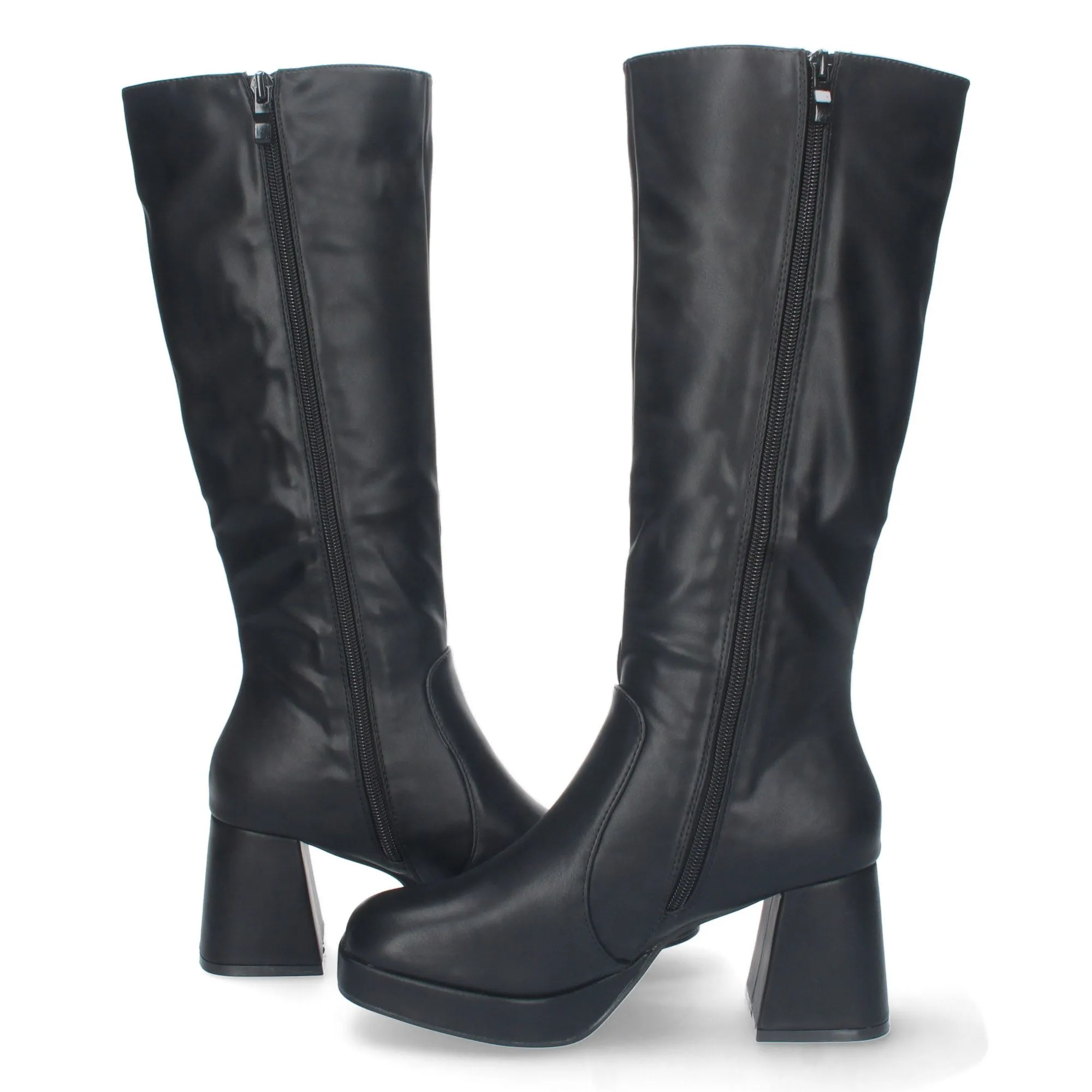 Bota negra alta de tacon medio ancho y punta redonda para mujer
