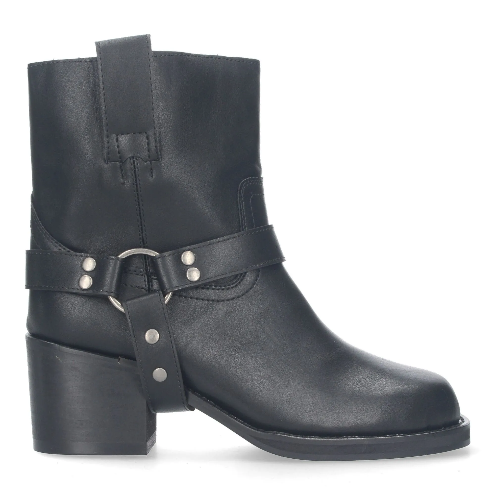Botines de tacón estilo biker moteras para mujer color negro