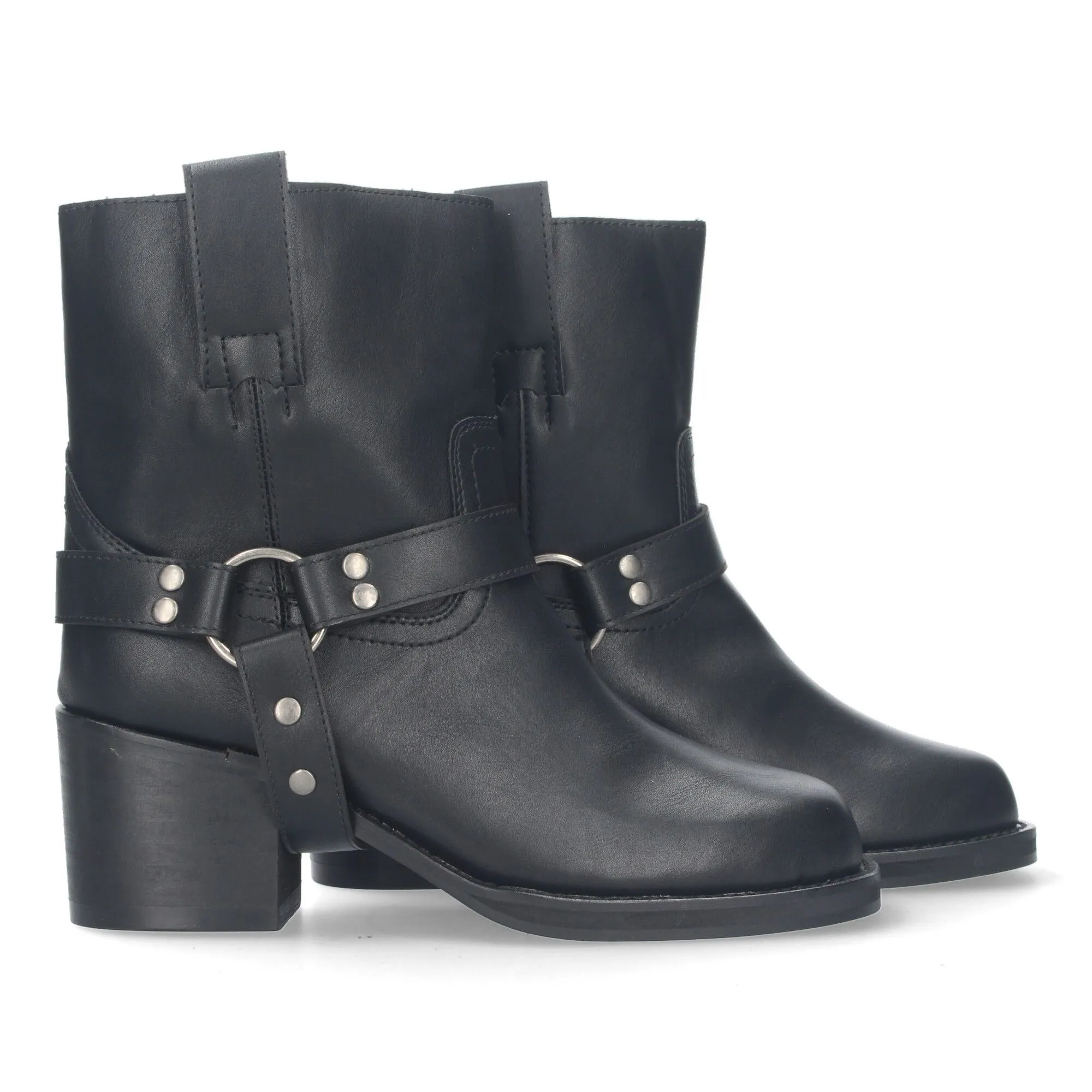 Botines de tacón estilo biker moteras para mujer color negro