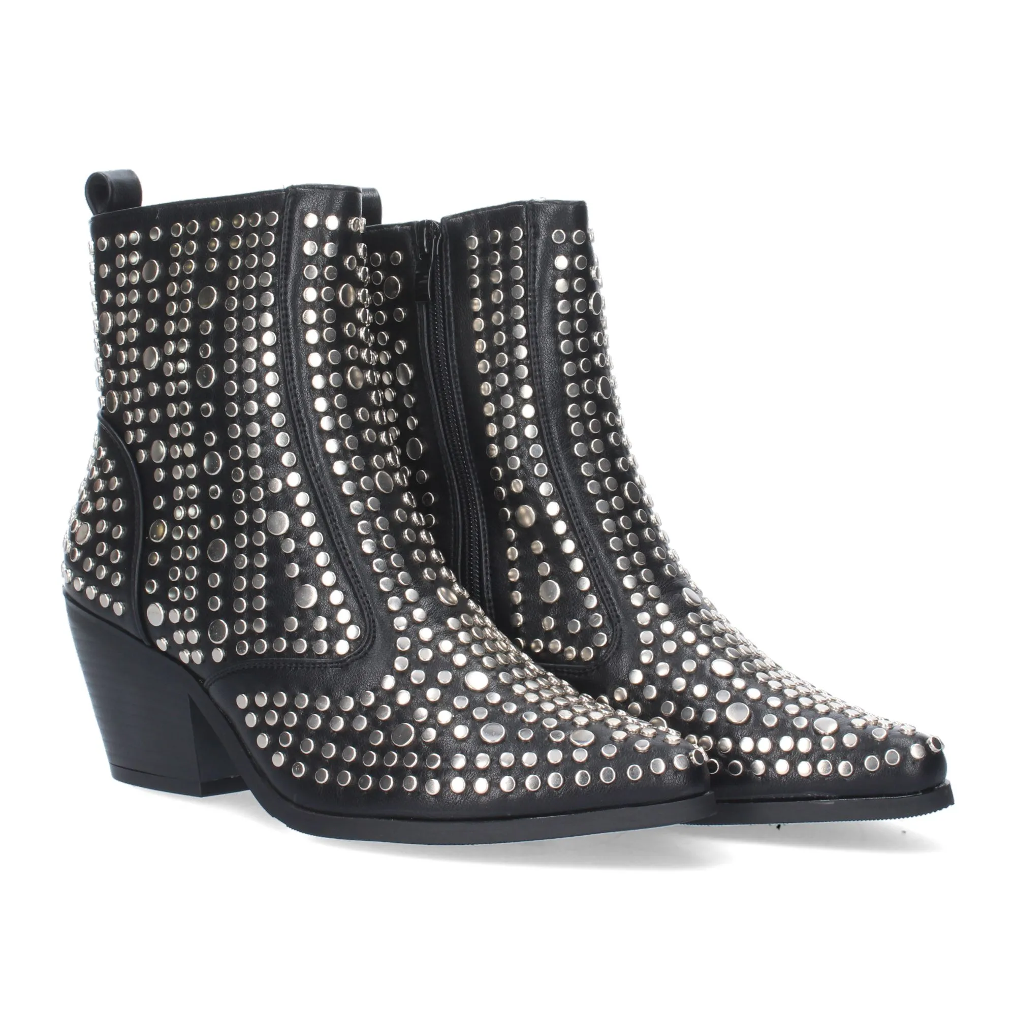 Botines de tacón medio punta fina con tachuelas color negro mujer
