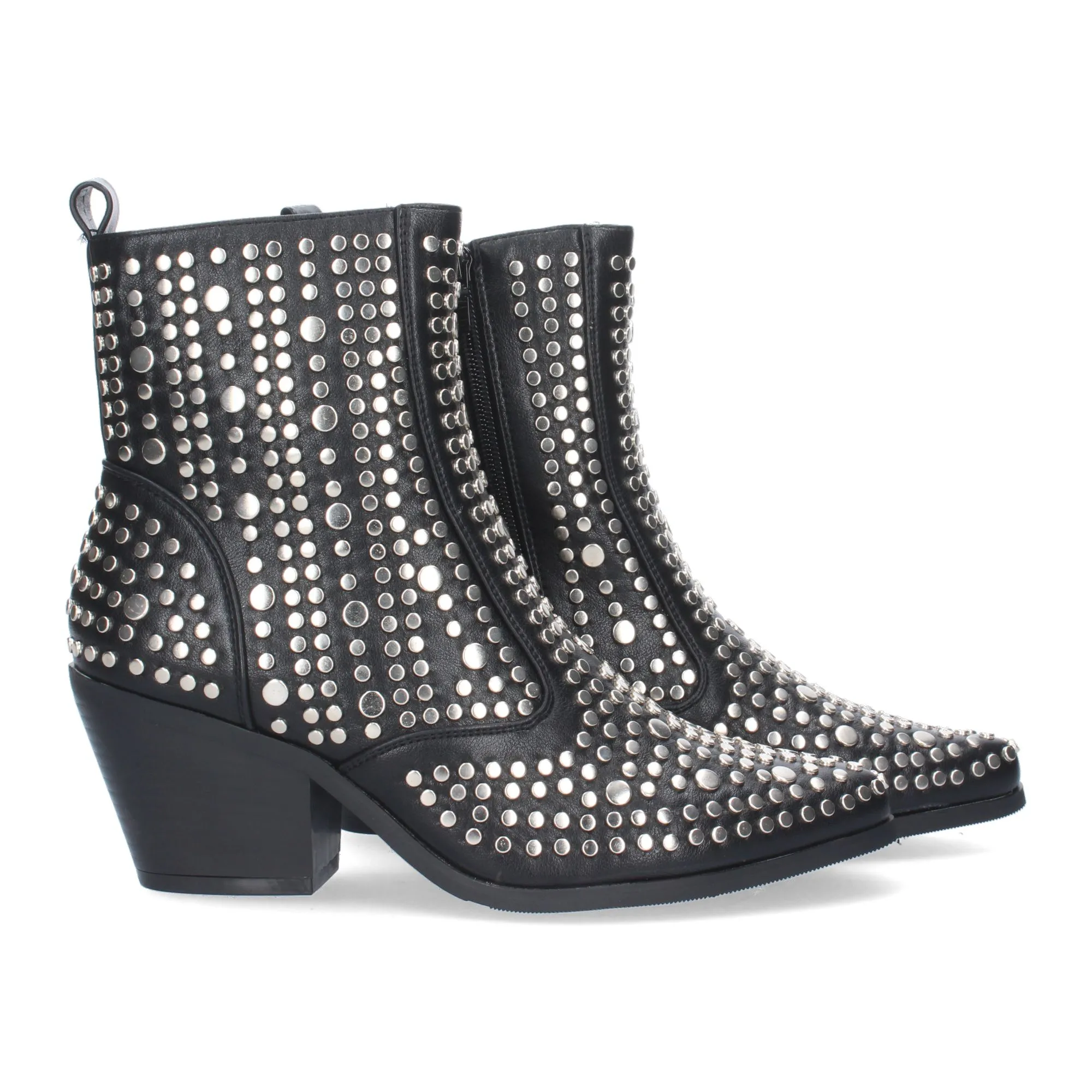Botines de tacón medio punta fina con tachuelas color negro mujer