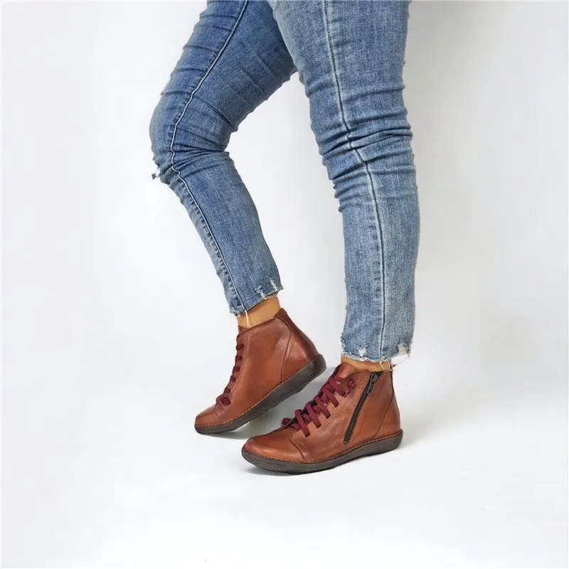 Botines Planos Mujer Piel Cordón Elastico 3012 Cuero, de Boleta Shoes