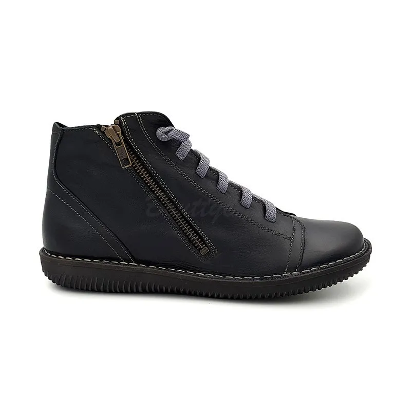 Botines Planos Mujer Piel Cordón Elastico 3012 Negro, de Boleta Shoes