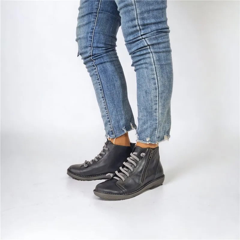 Botines Planos Mujer Piel Cordón Elastico 3012 Negro, de Boleta Shoes