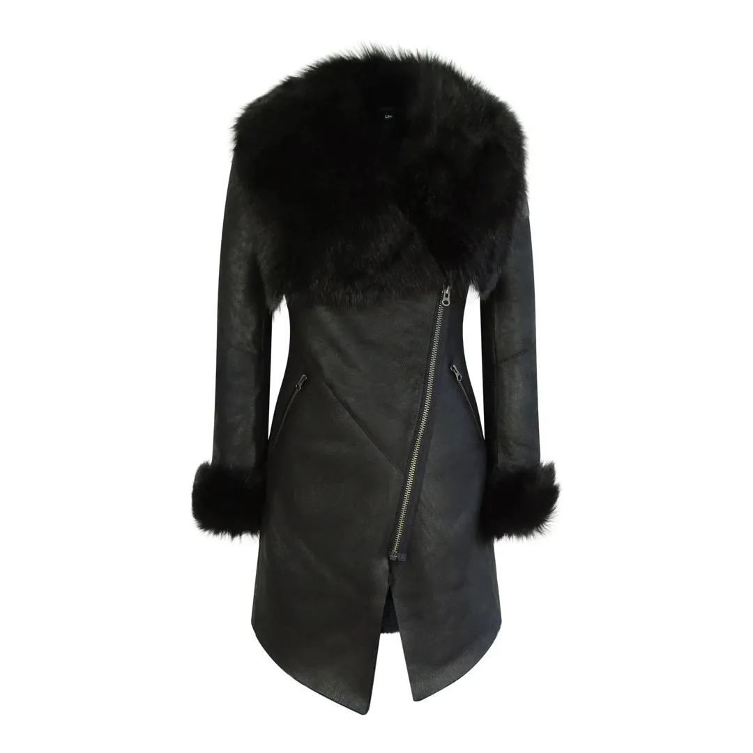 Chaqueta de cuero de oveja auténtica Toscana con cremallera cruzada 3/4 en color negro para mujer