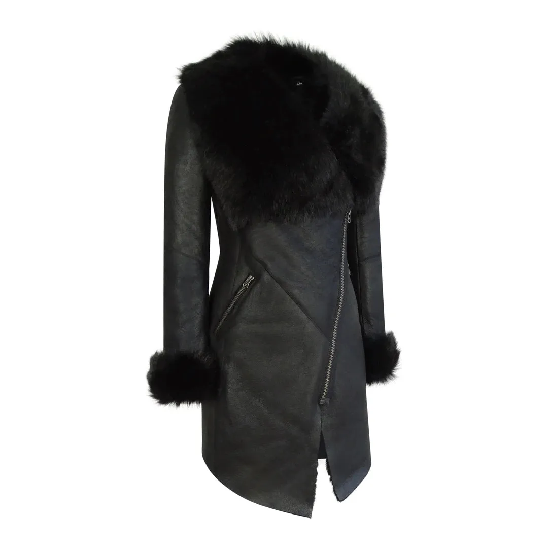 Chaqueta de cuero de oveja auténtica Toscana con cremallera cruzada 3/4 en color negro para mujer