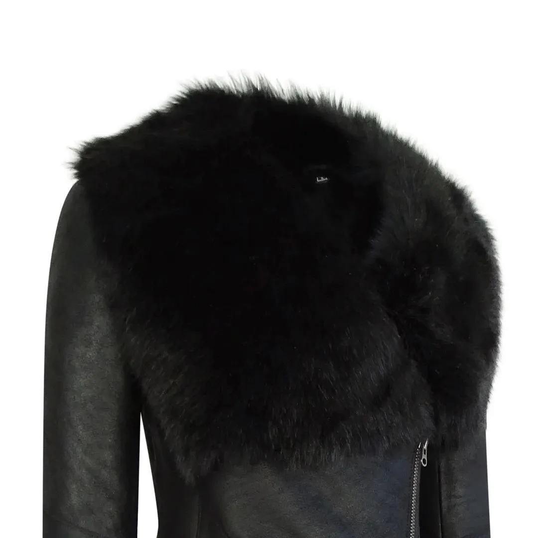 Chaqueta de cuero de oveja auténtica Toscana con cremallera cruzada 3/4 en color negro para mujer