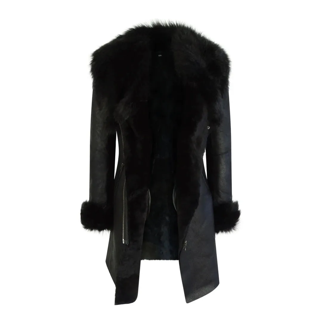 Chaqueta de cuero de oveja auténtica Toscana con cremallera cruzada 3/4 en color negro para mujer