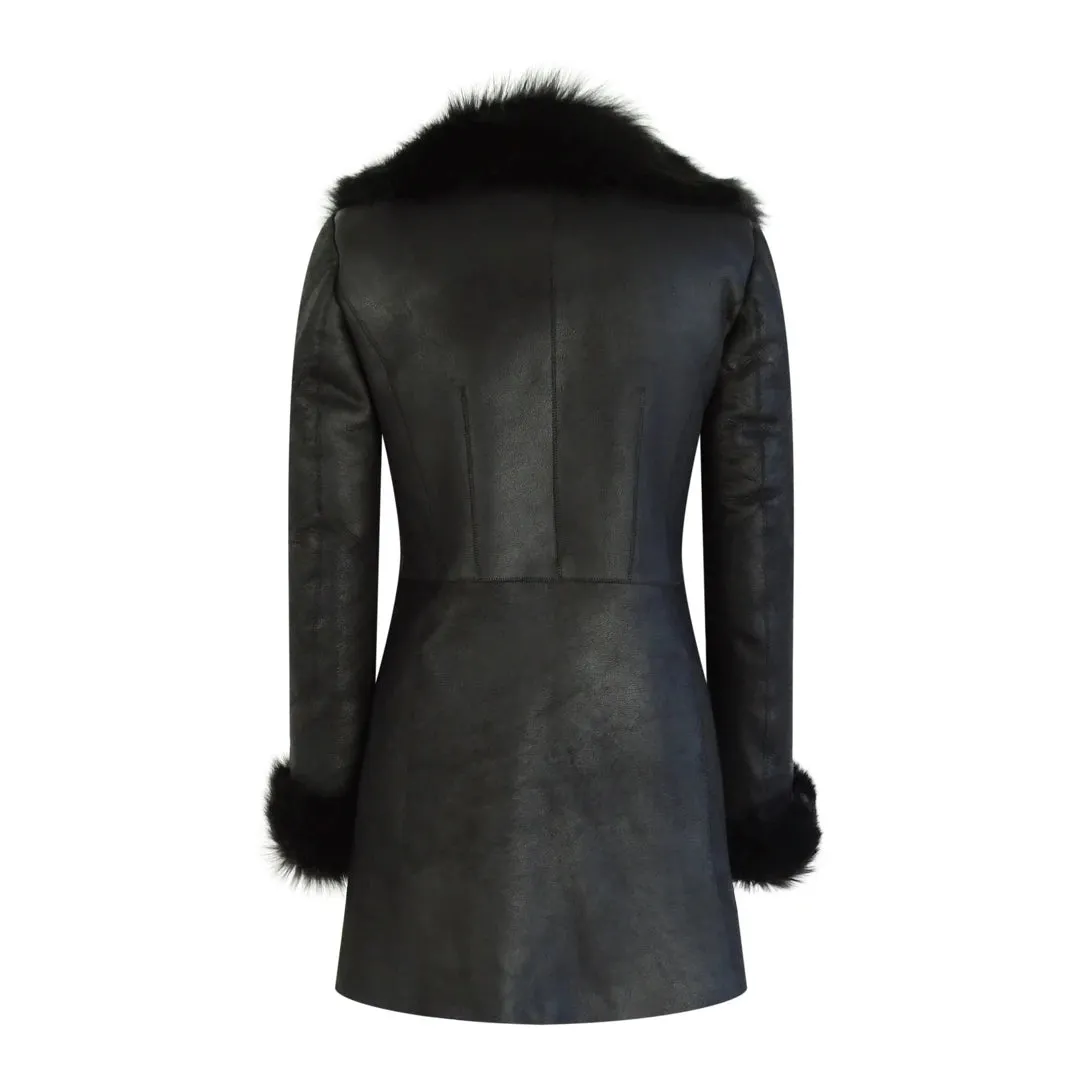 Chaqueta de cuero de oveja auténtica Toscana con cremallera cruzada 3/4 en color negro para mujer