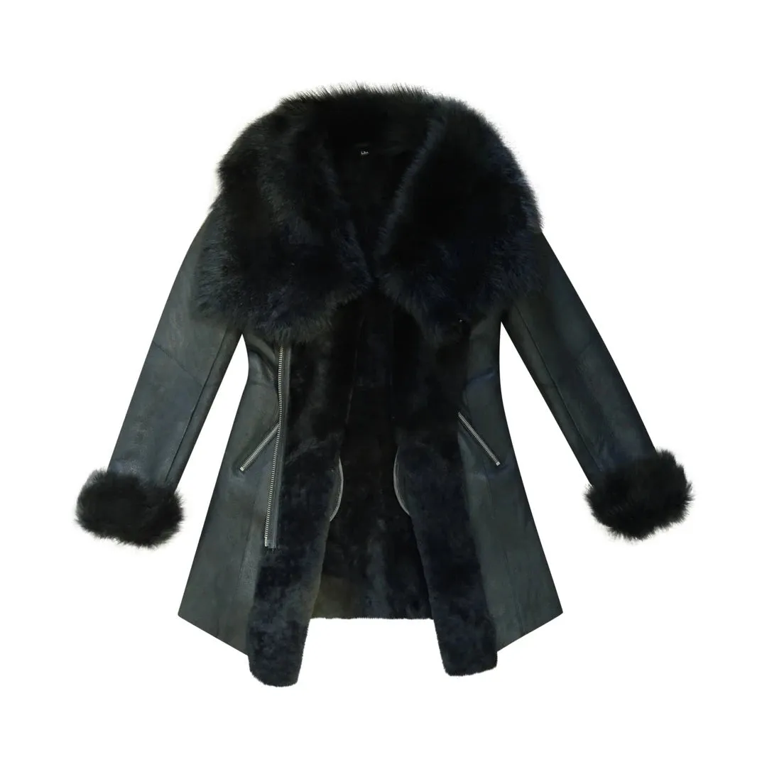 Chaqueta de cuero de oveja auténtica Toscana con cremallera cruzada 3/4 en color negro para mujer