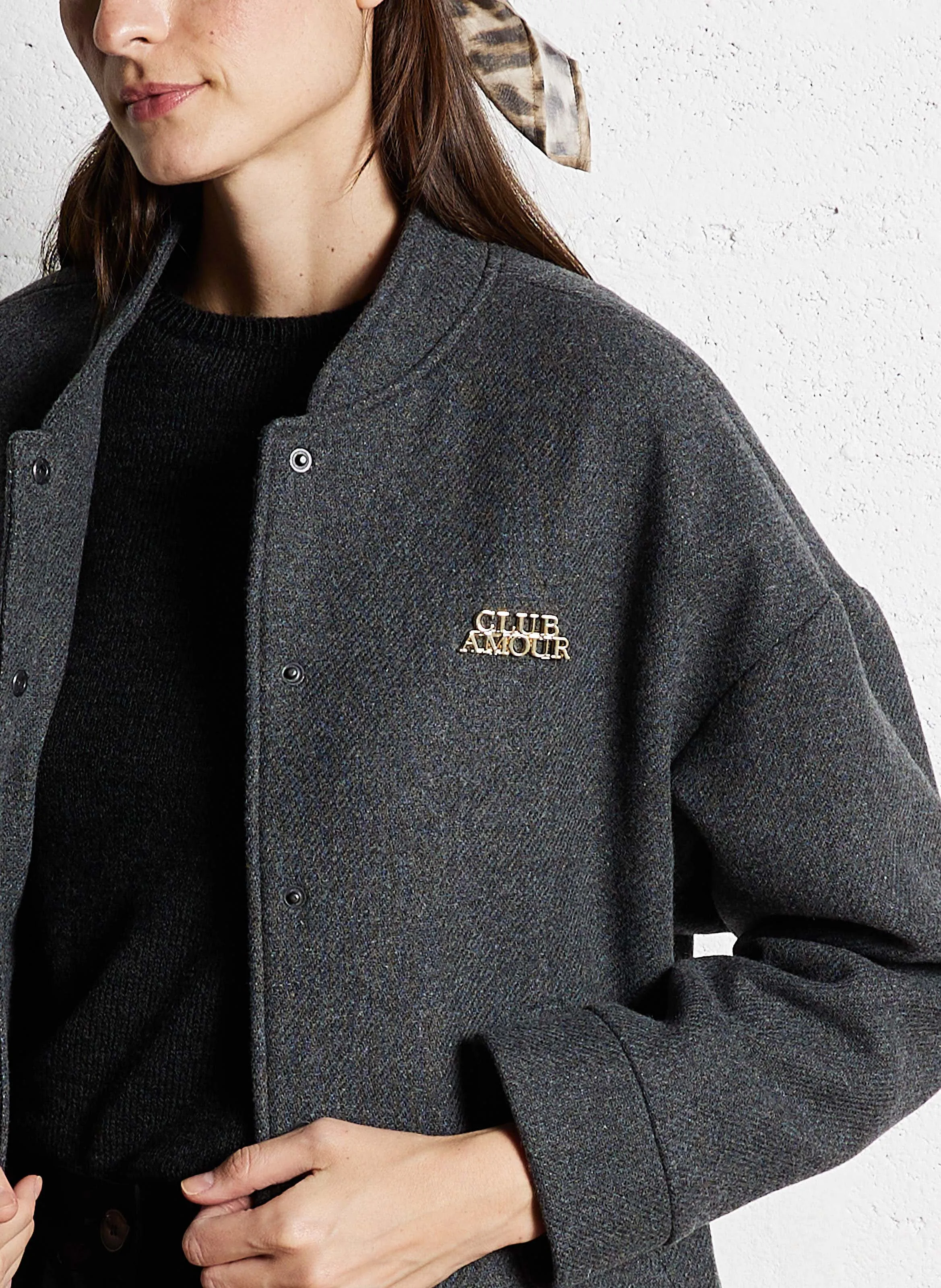Chaqueta estilo teddy de lana mezclada en gris