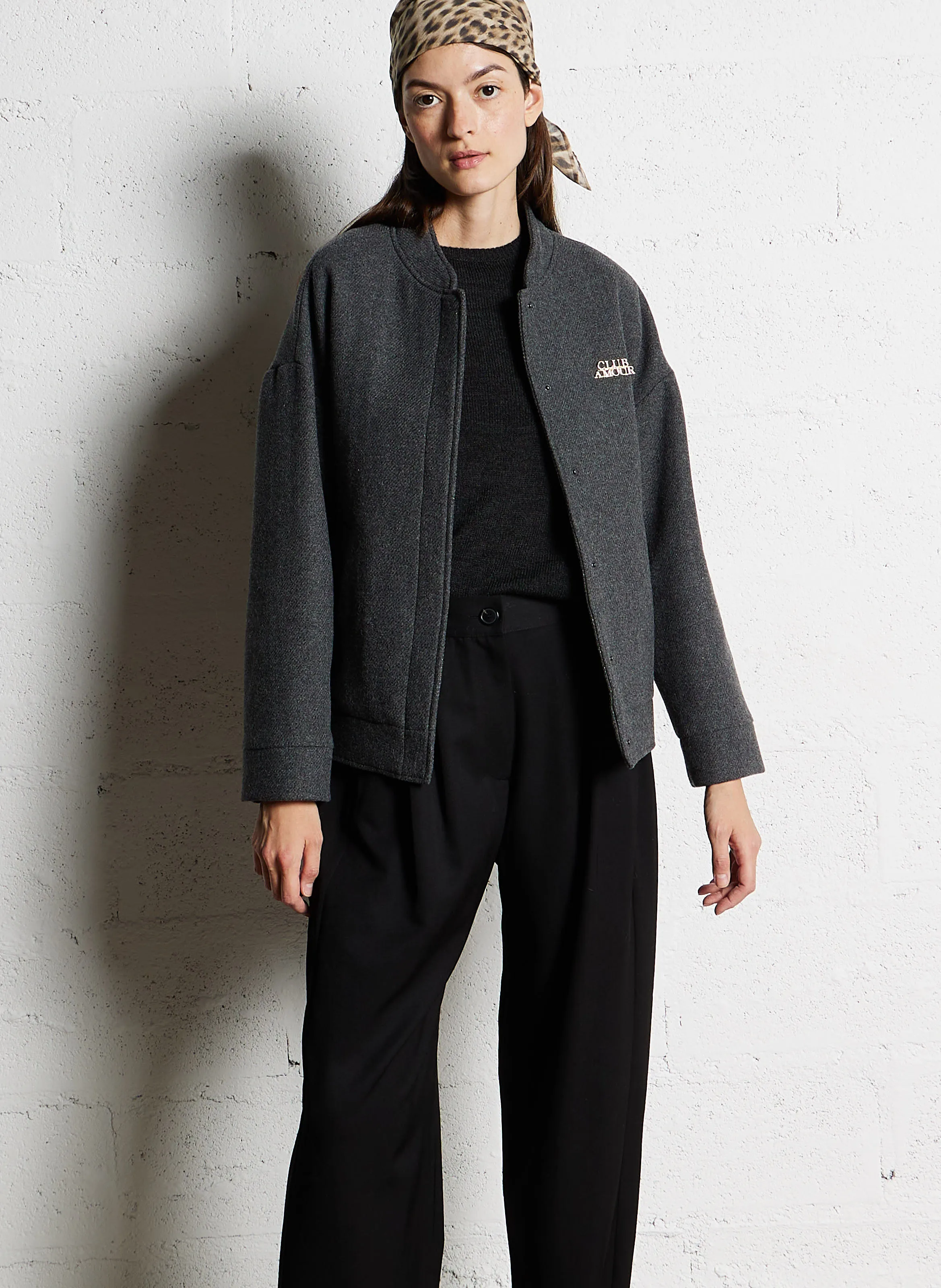 Chaqueta estilo teddy de lana mezclada en gris