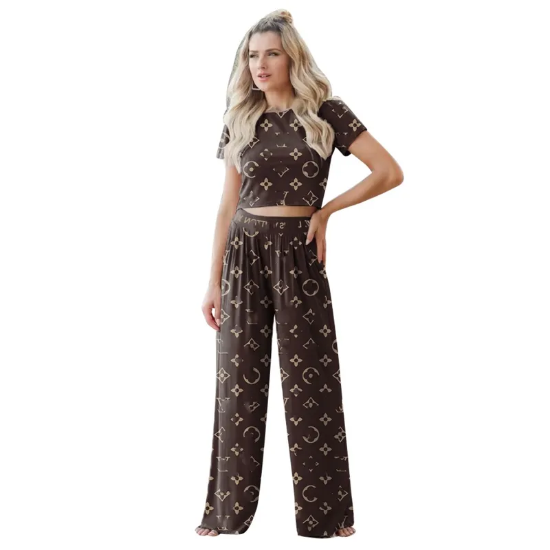 Conjuntos de pantalones de dos piezas para mujer, camiseta informal con estampado, conjuntos de pantalón de pierna ancha, envío 