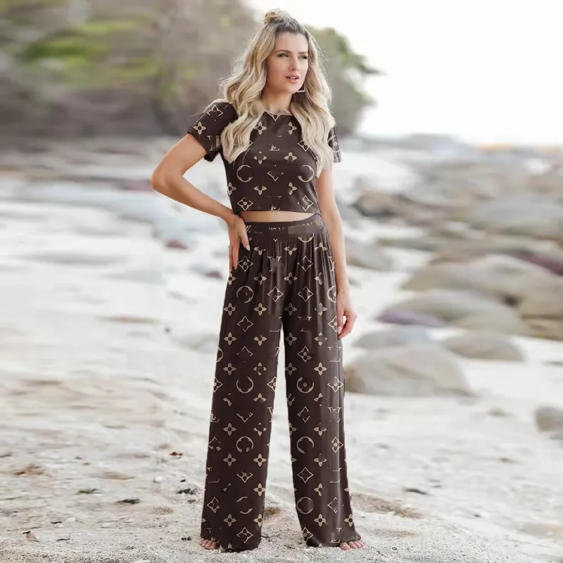 Conjuntos de pantalones de dos piezas para mujer, camiseta informal con estampado, conjuntos de pantalón de pierna ancha, envío 