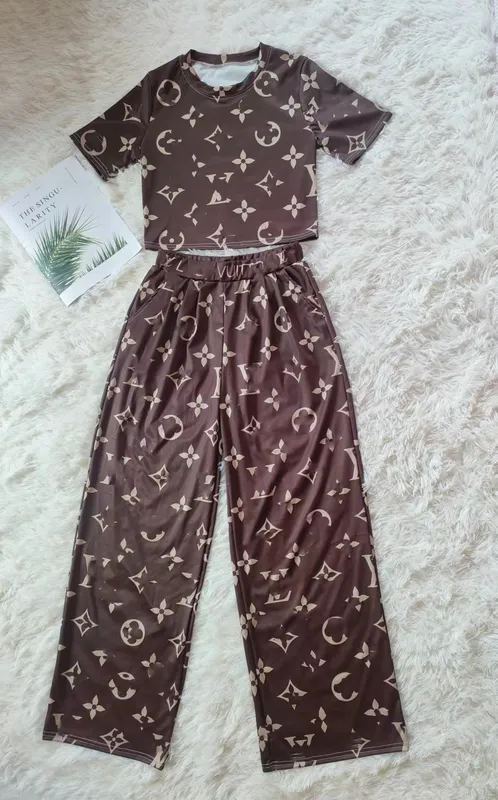 Conjuntos de pantalones de dos piezas para mujer, camiseta informal con estampado, conjuntos de pantalón de pierna ancha, envío 