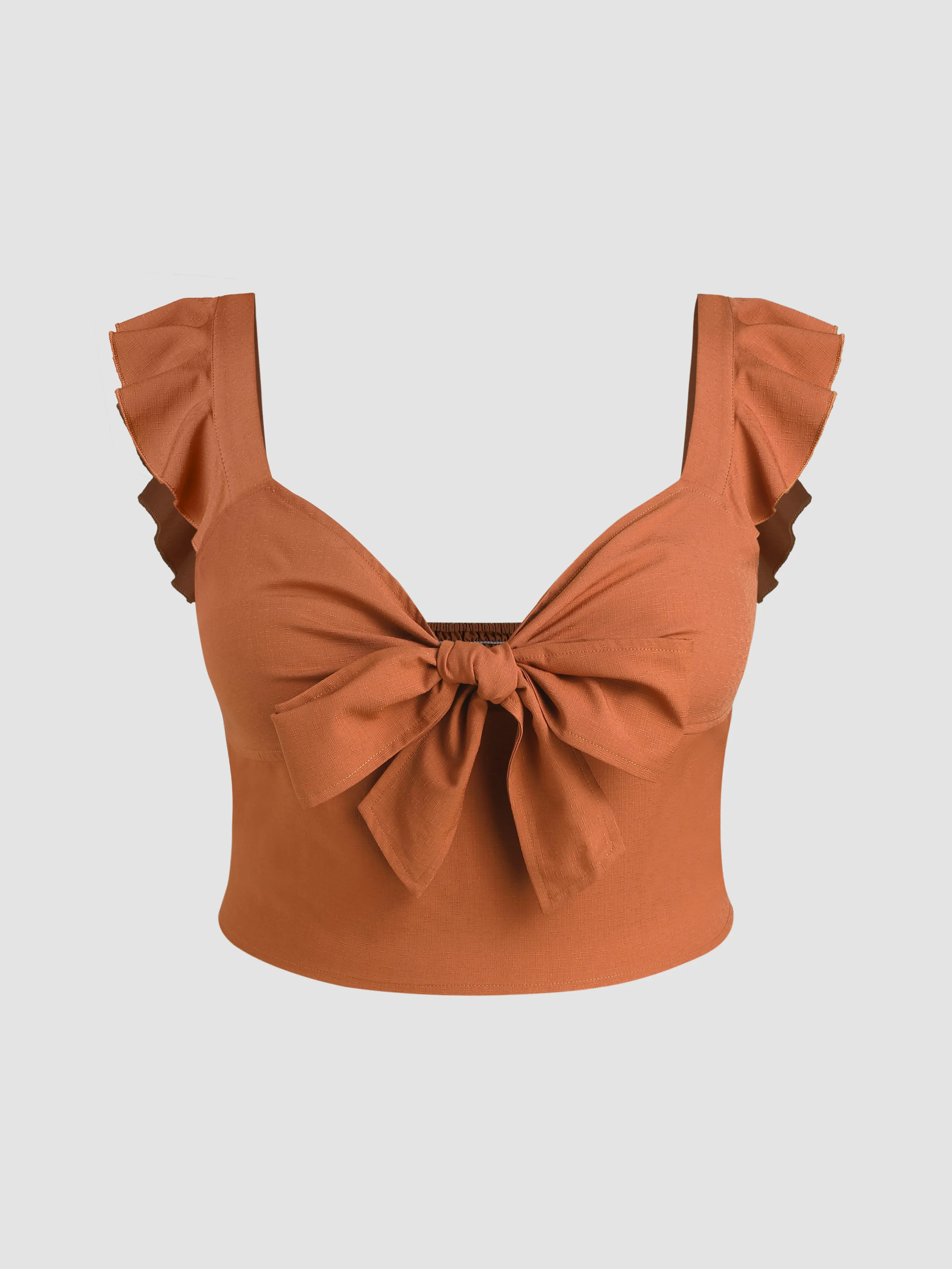 Crop Top con cuello en V, volantes y nudo Curvy