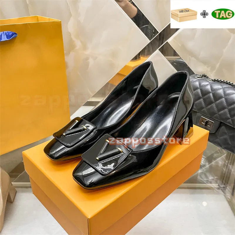 Damas Shake Block Tacs Tacly Shoes Black Ebony Nude 45 90 Tacones Partes de patente de diseñador para mujer Mujeres de negocios 