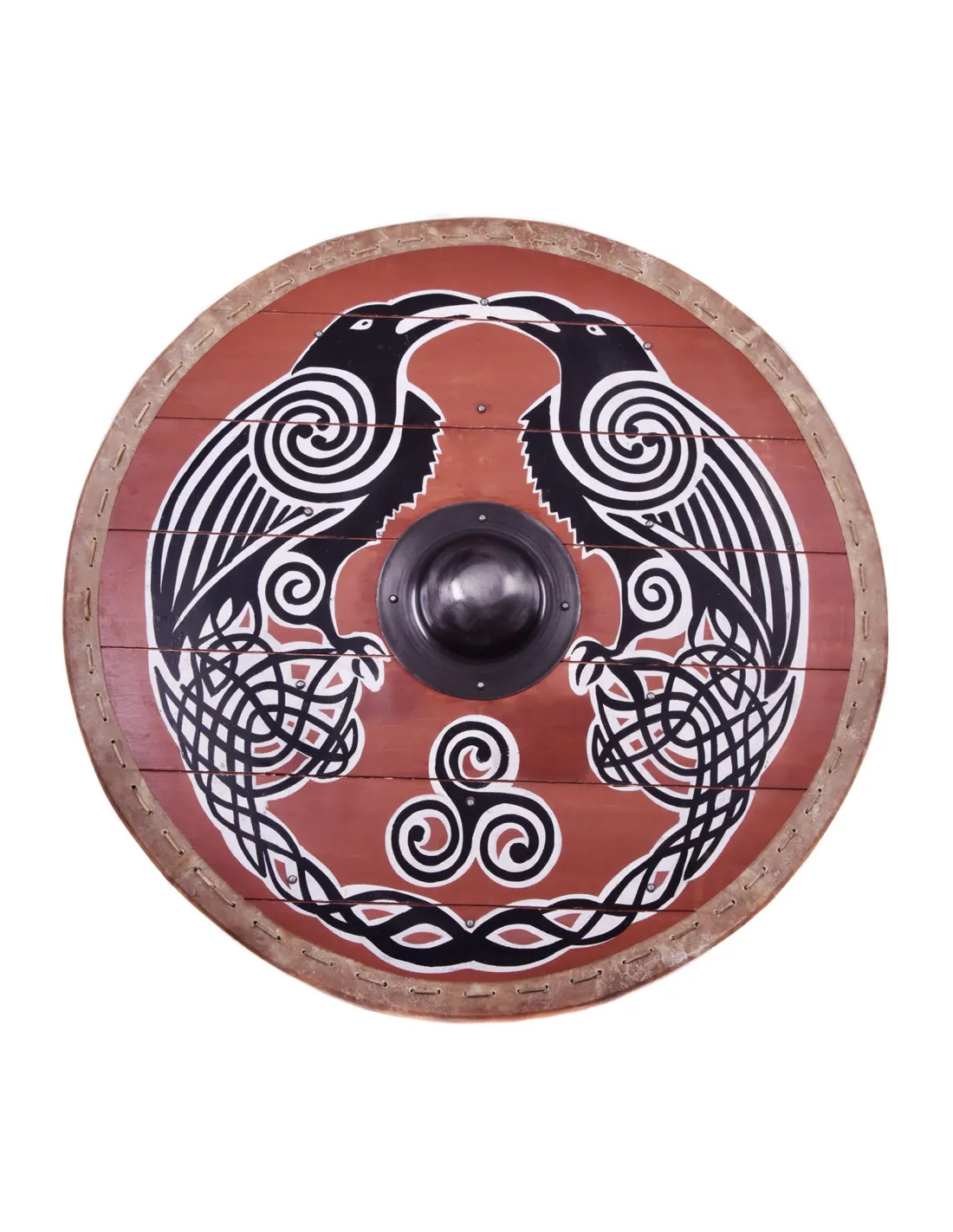 Escudo vikingo Huginn y Muninn con ribete en cuero, 80 cm. Ø