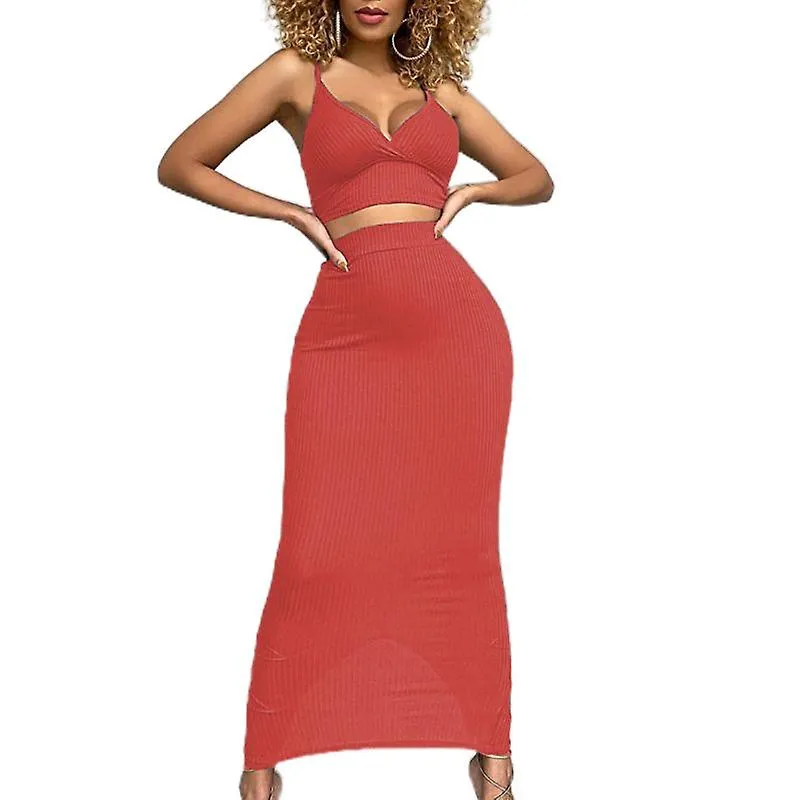 FEMALE SOLID COLOR 2 PIECE OUTFITS SET SPAGHETTI STRAP SEXY VNECK CROP TOP BODYCON SPLIT MAXI SKIRT SUIT RIBBED KNIT NIGHT PART