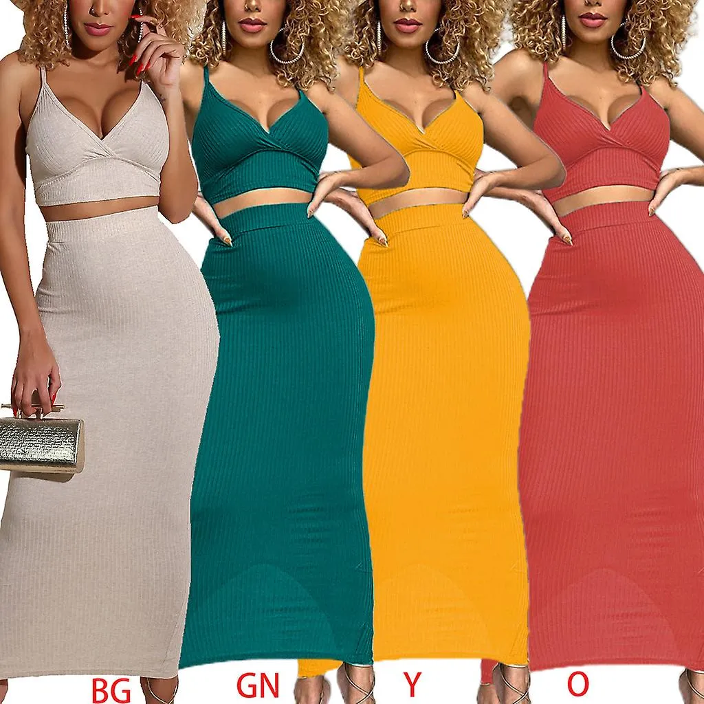 FEMALE SOLID COLOR 2 PIECE OUTFITS SET SPAGHETTI STRAP SEXY VNECK CROP TOP BODYCON SPLIT MAXI SKIRT SUIT RIBBED KNIT NIGHT PART