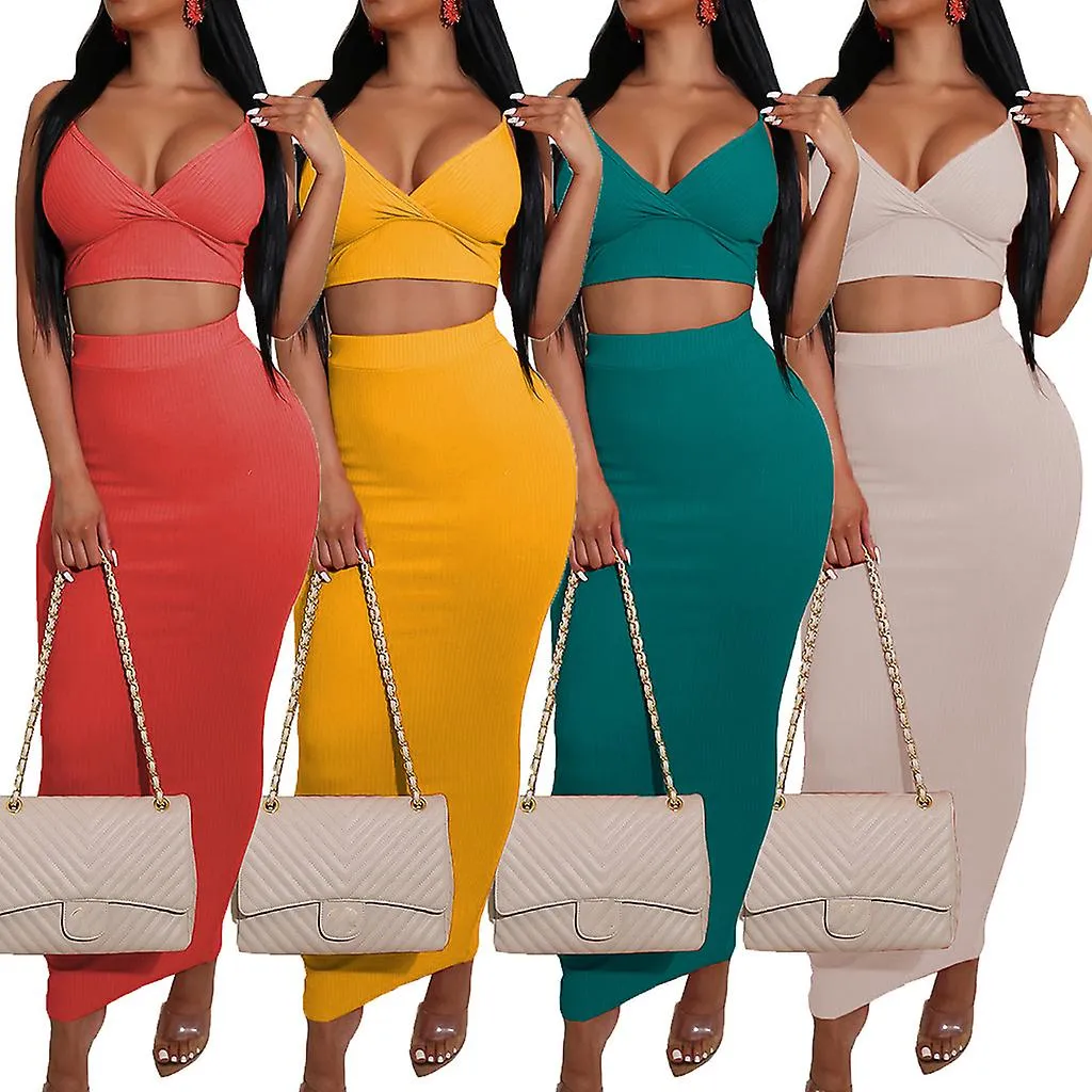 FEMALE SOLID COLOR 2 PIECE OUTFITS SET SPAGHETTI STRAP SEXY VNECK CROP TOP BODYCON SPLIT MAXI SKIRT SUIT RIBBED KNIT NIGHT PART