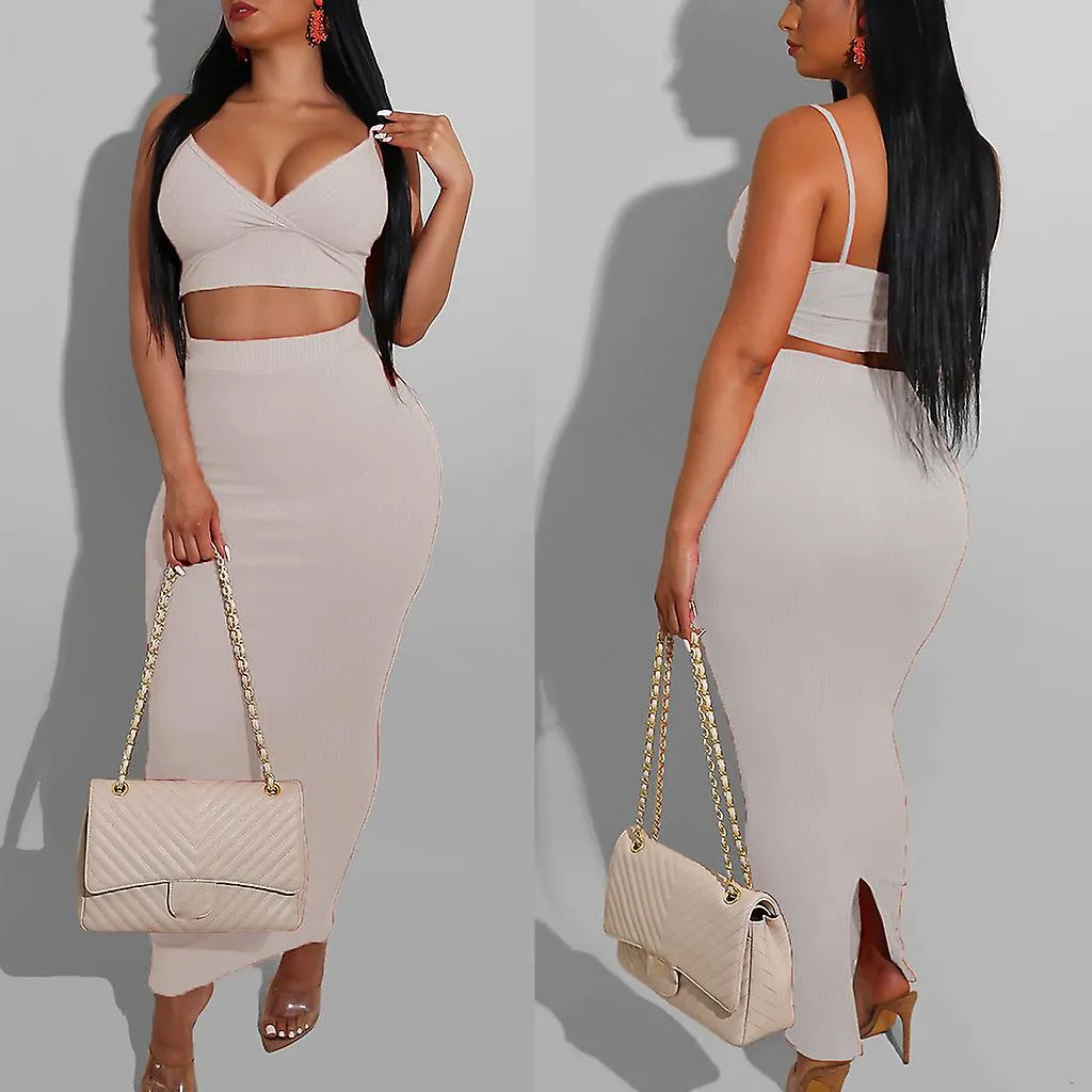 FEMALE SOLID COLOR 2 PIECE OUTFITS SET SPAGHETTI STRAP SEXY VNECK CROP TOP BODYCON SPLIT MAXI SKIRT SUIT RIBBED KNIT NIGHT PART