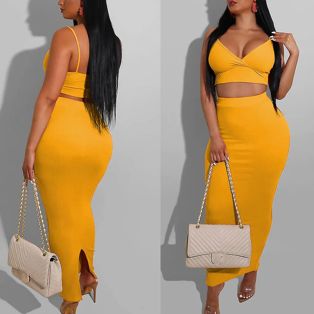 FEMALE SOLID COLOR 2 PIECE OUTFITS SET SPAGHETTI STRAP SEXY VNECK CROP TOP BODYCON SPLIT MAXI SKIRT SUIT RIBBED KNIT NIGHT PART