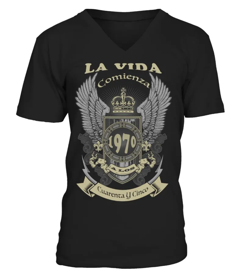 La vida comienza en 1970 a los cuarenta y cinco Camiseta cuello en V Unisex