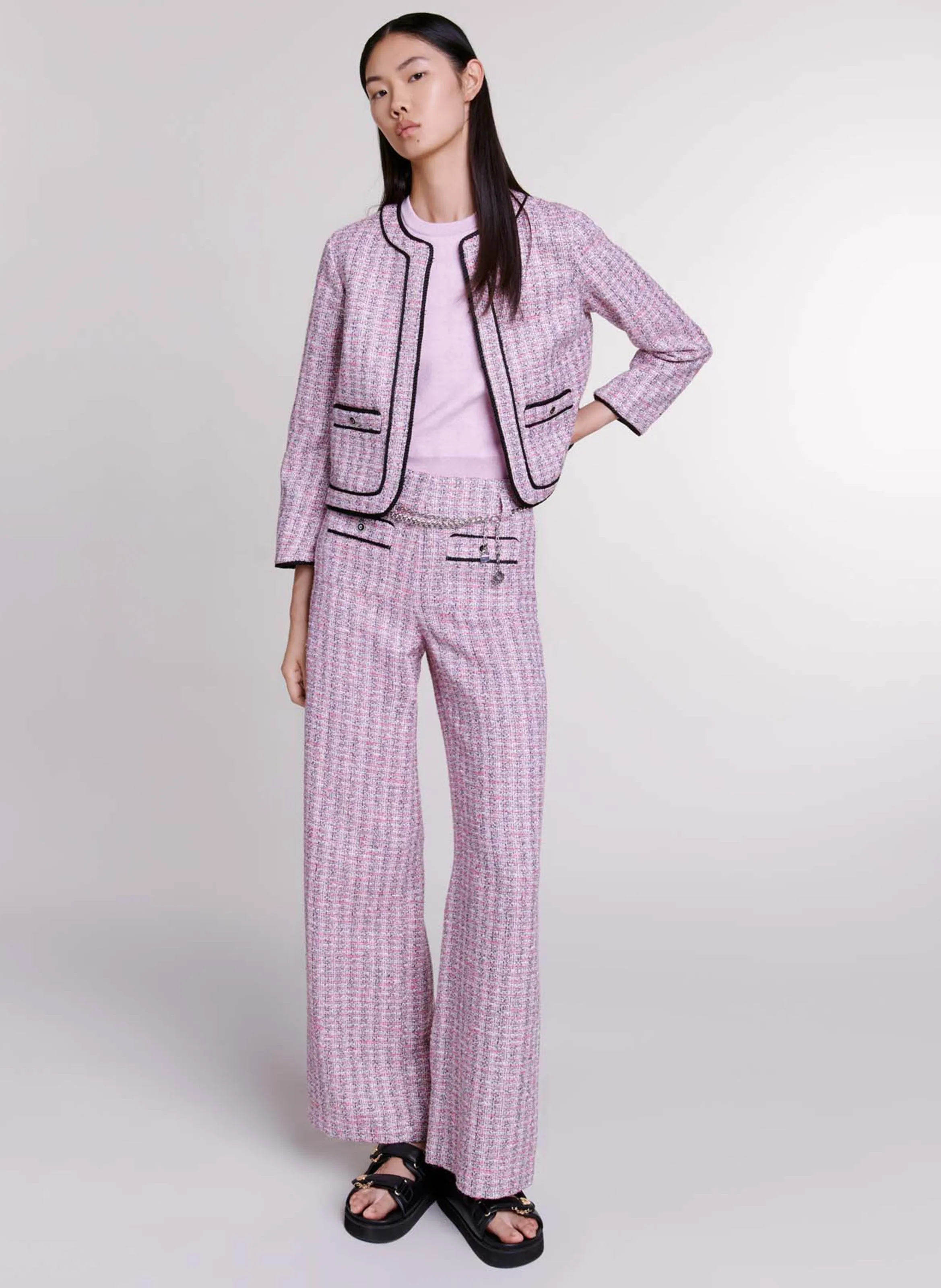 MAJE Chaqueta corta de tweed con cuello redondo en rosa
