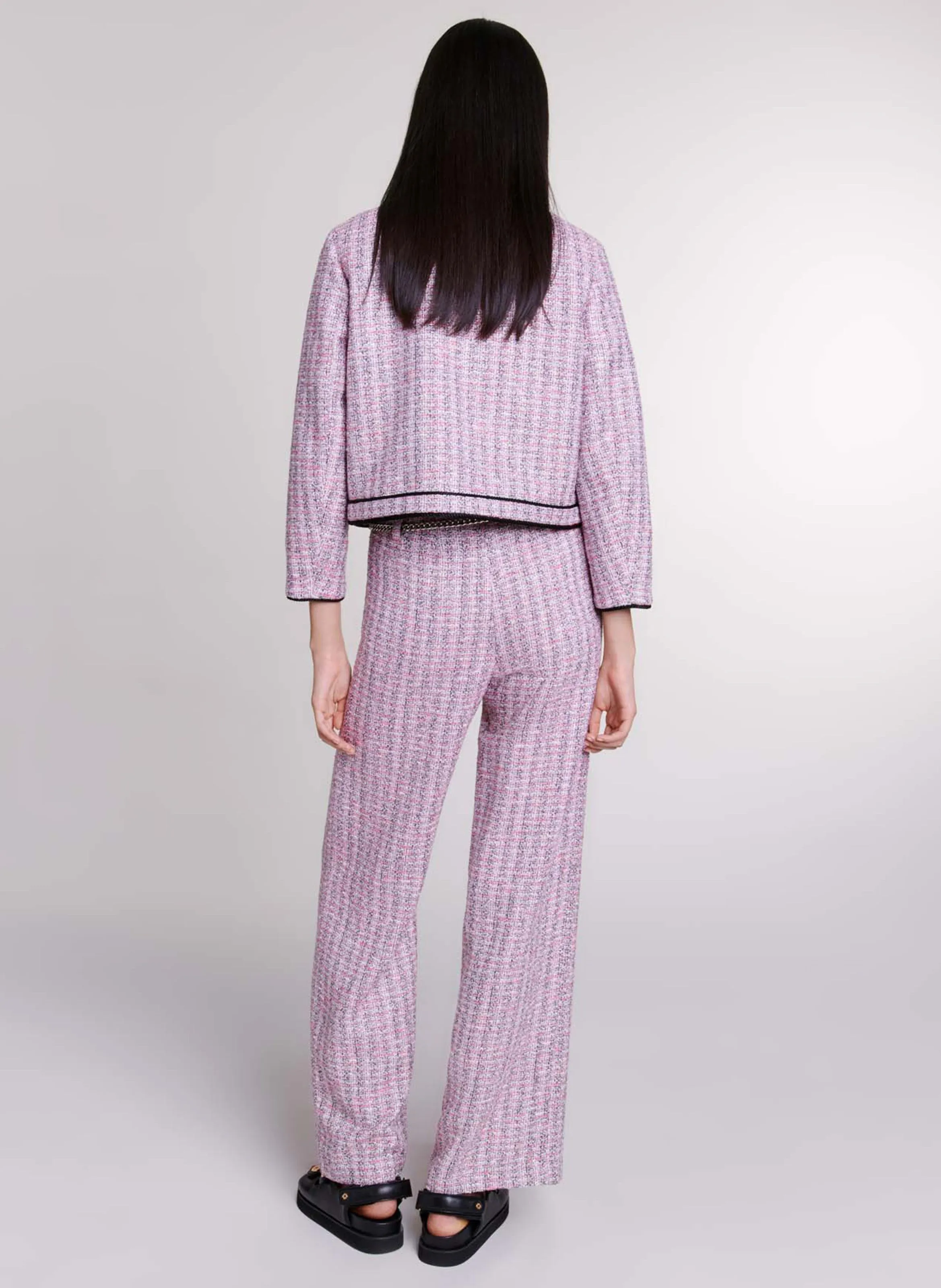 MAJE Chaqueta corta de tweed con cuello redondo en rosa