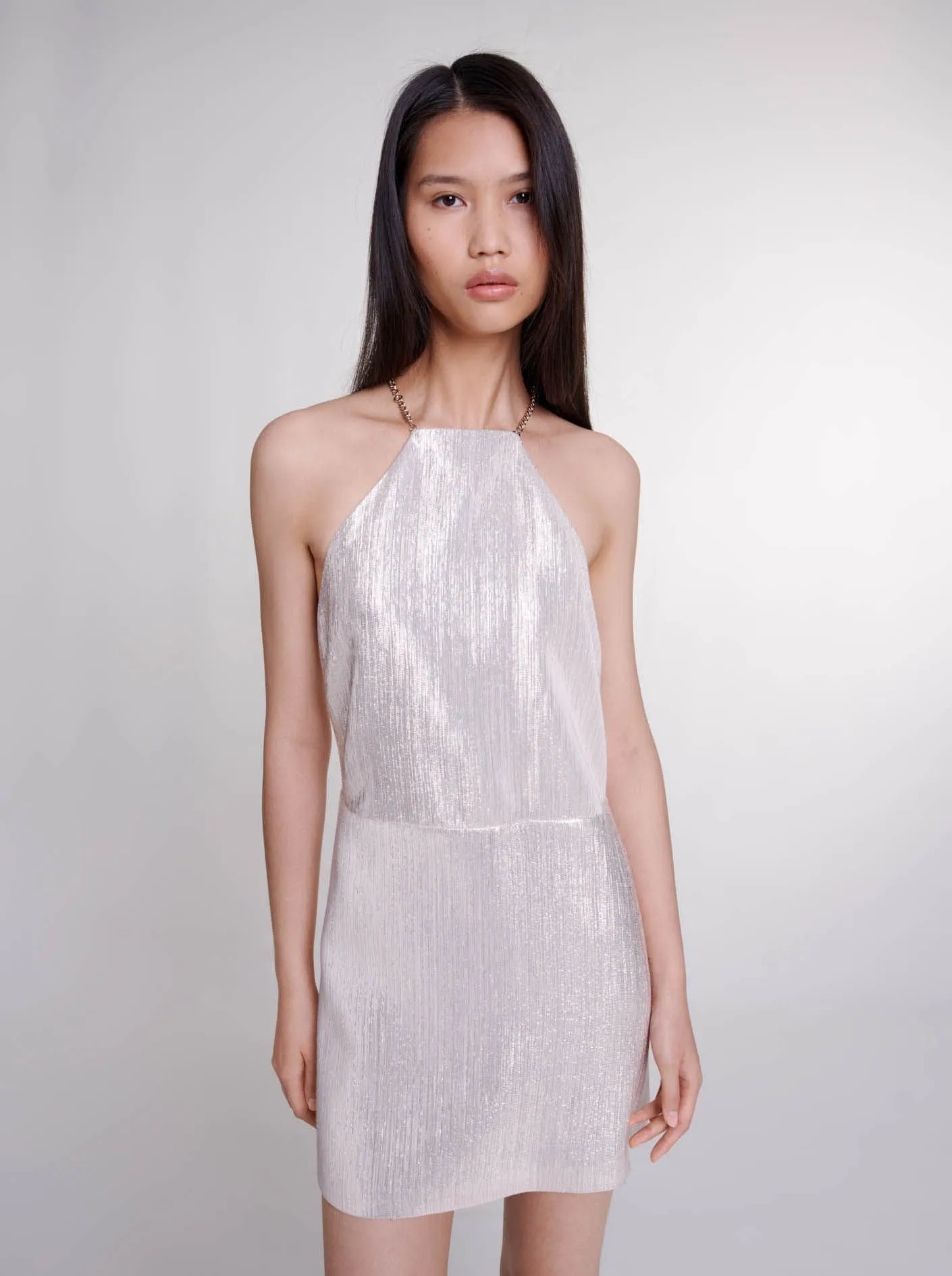 MAJE Vestido corto sin mangas metalizado en plata