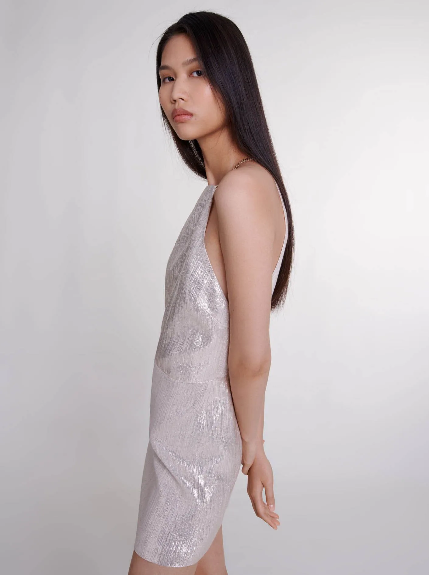 MAJE Vestido corto sin mangas metalizado en plata