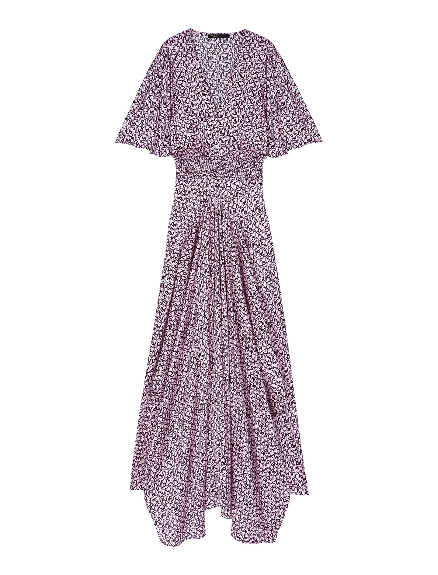 MAJE Vestido largo asimétrico estampado con cuello de pico en rosa