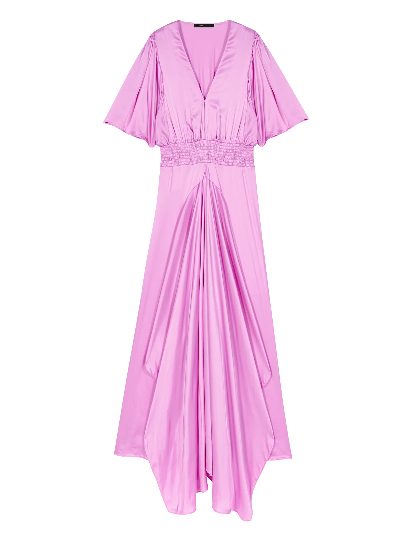 MAJE Vestido largo asimétrico satinado con cuello de pico en rosa