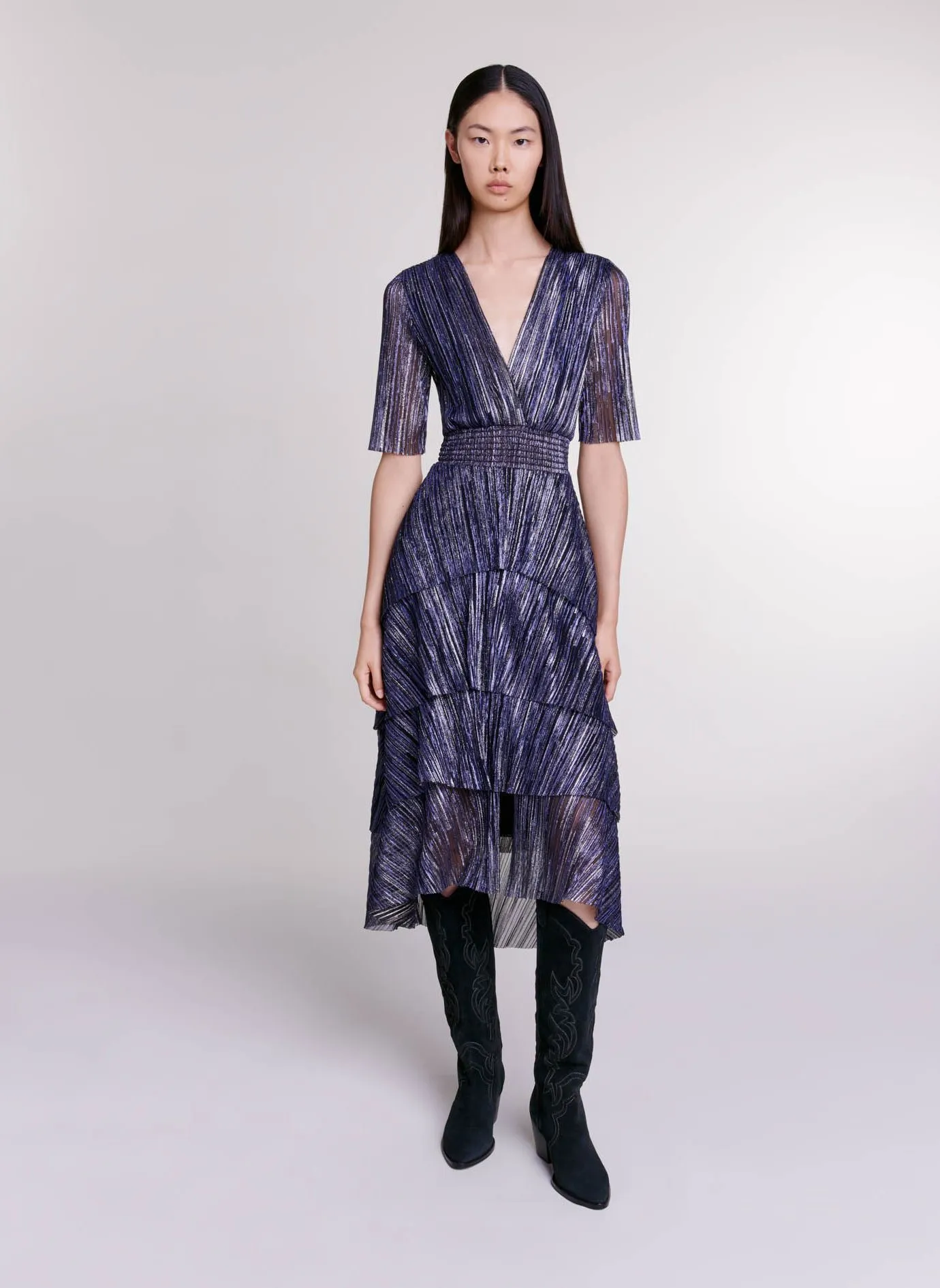 MAJE Vestido midi metalizado con volantes en azul