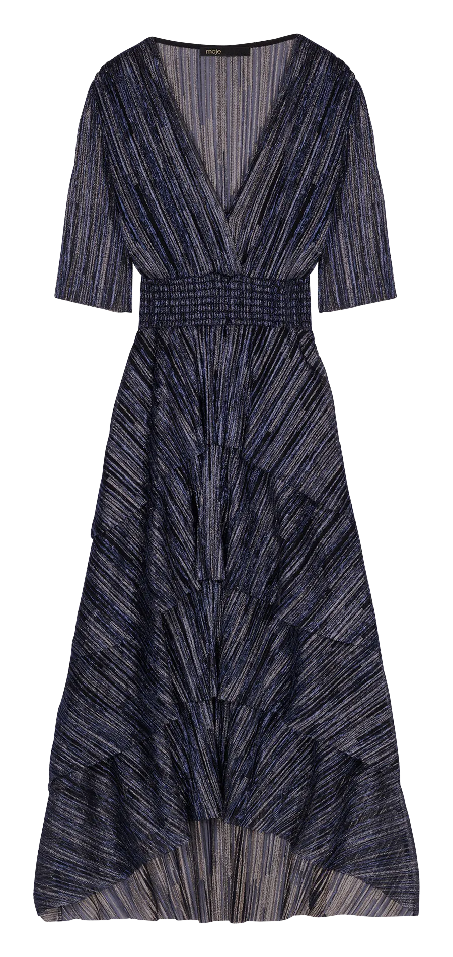 MAJE Vestido midi metalizado con volantes en azul