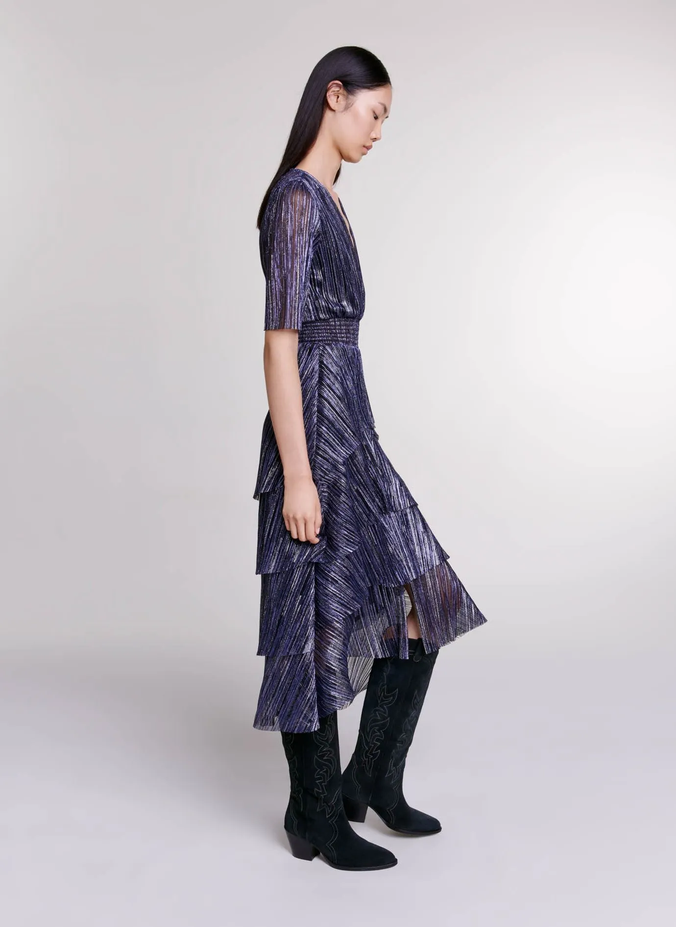 MAJE Vestido midi metalizado con volantes en azul