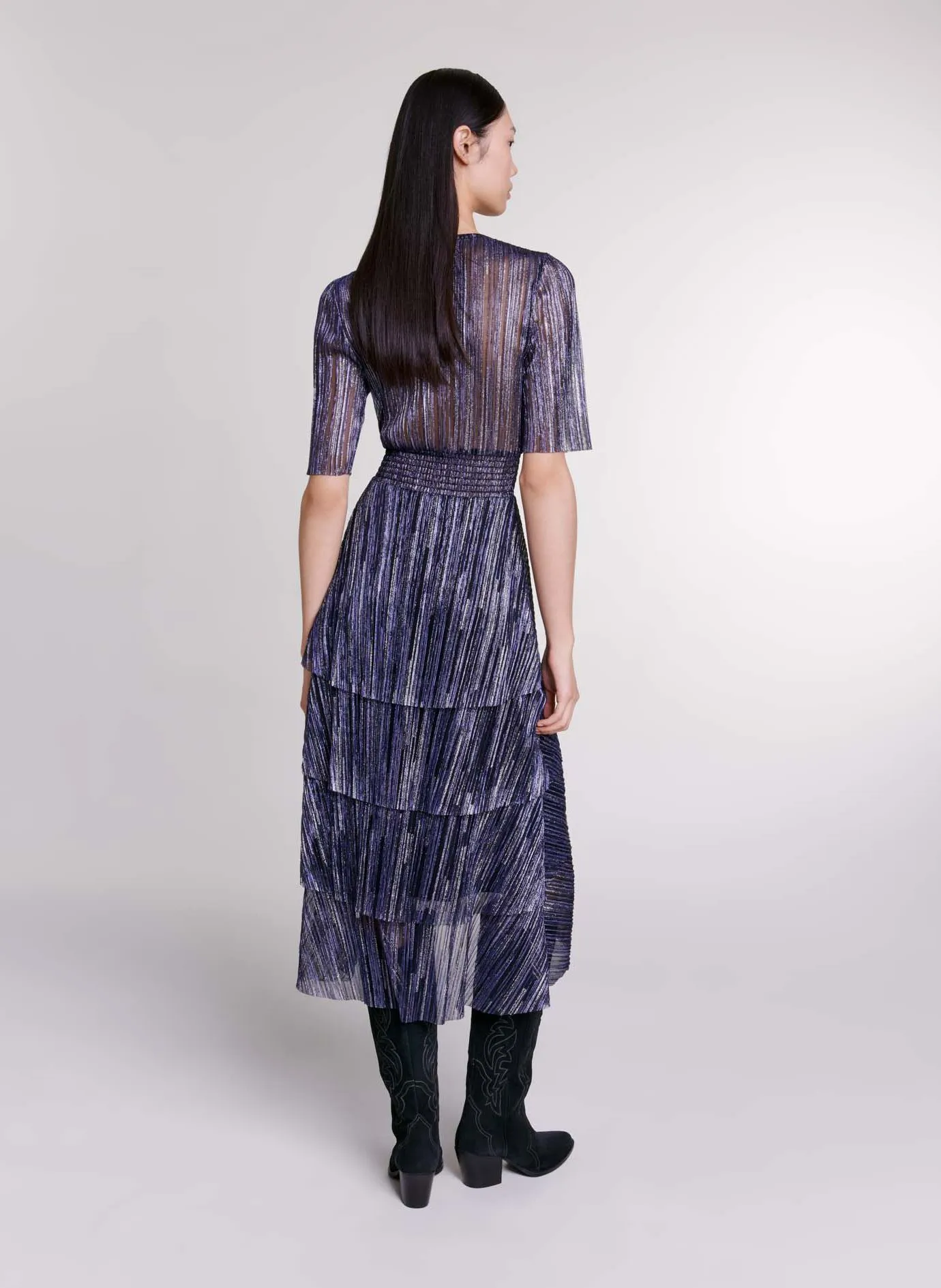 MAJE Vestido midi metalizado con volantes en azul