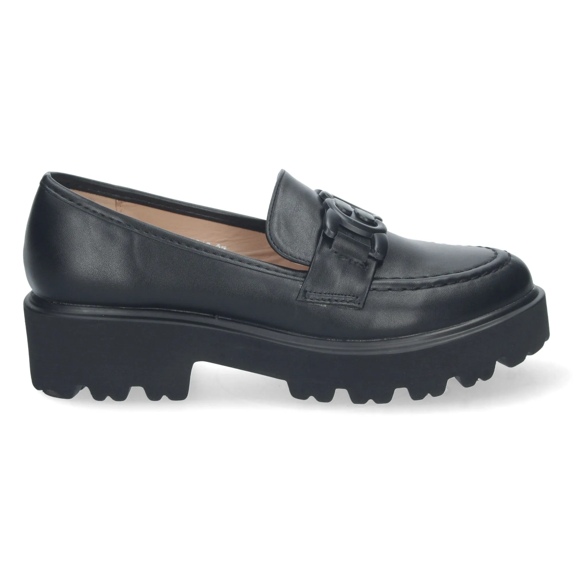 Mocasin plano con cadena en empeine mujer color negro