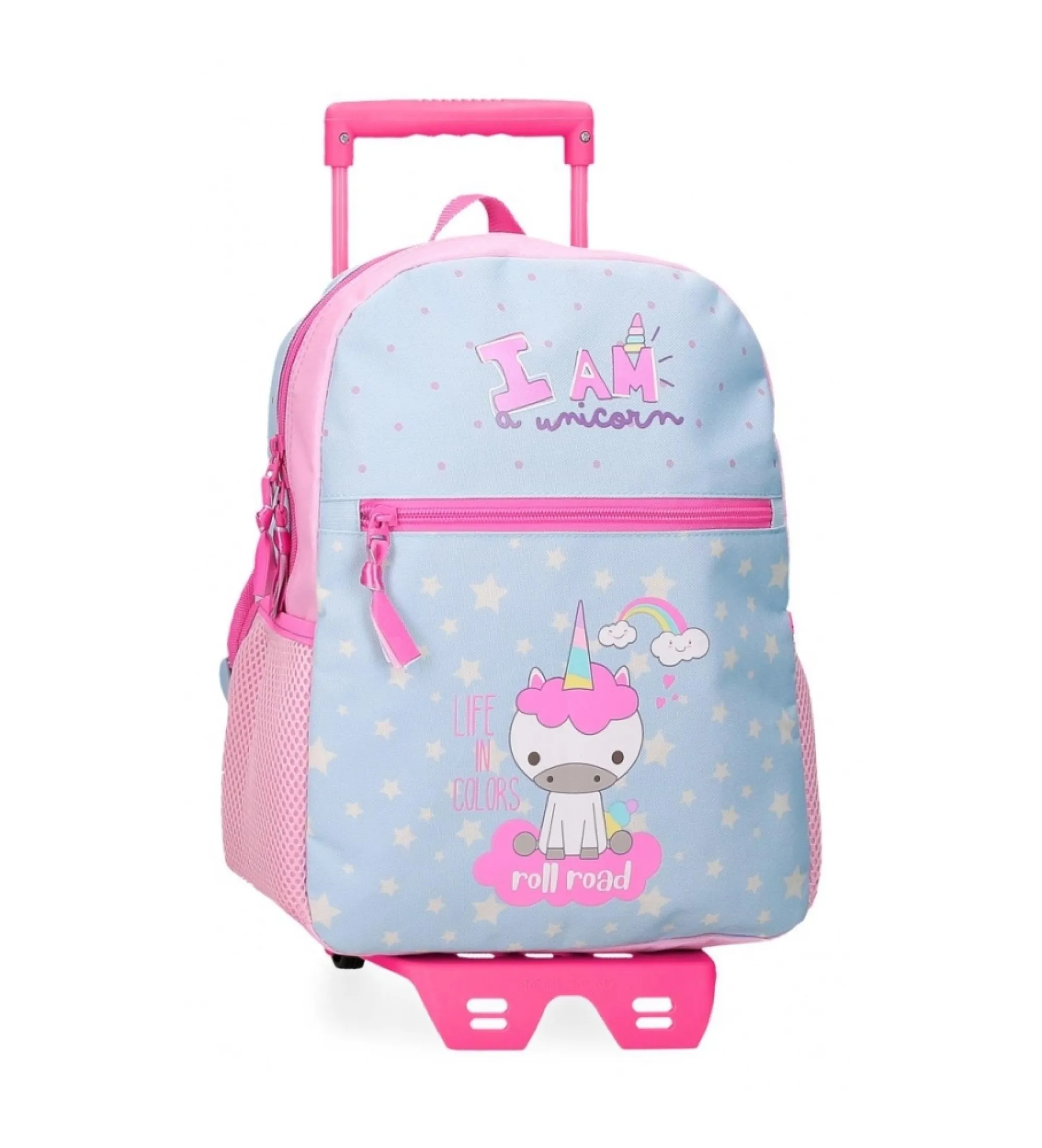 Mochila Roll Road I am a unicorn 33 cm con carro azul
