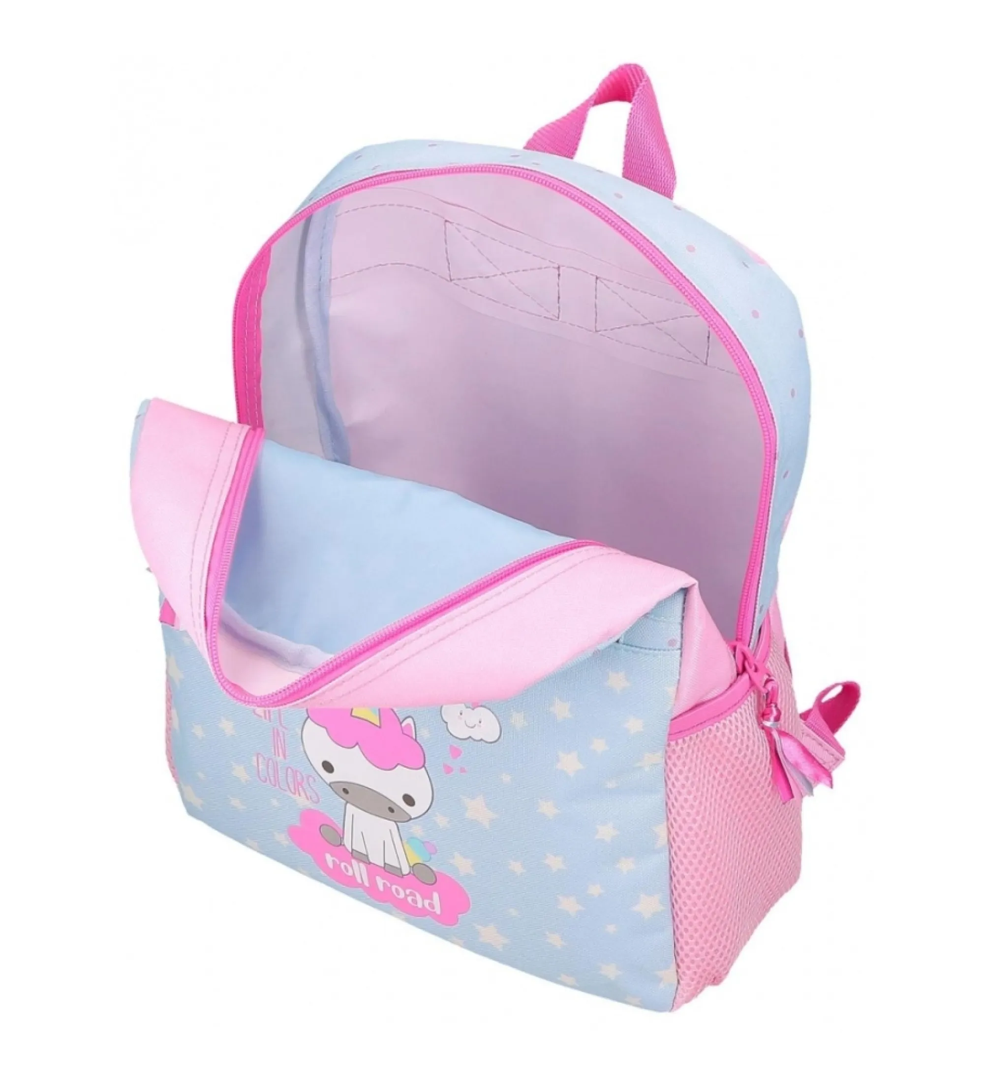 Mochila Roll Road I am a unicorn 33 cm con carro azul